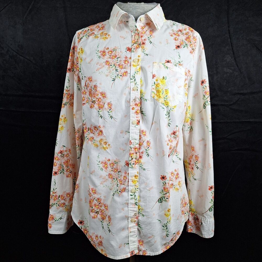 St John's Bay White Floral Collared Long Sleeve Button Up Light 100 Cotton Sm